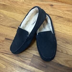 Lands End Women's Fuzzy Lined Suede Moccasin Slippers Navy Blue Size 8